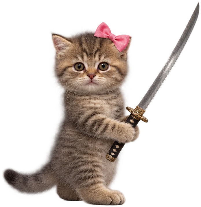 Catana: tabby kitten with a pink bow holding a katana