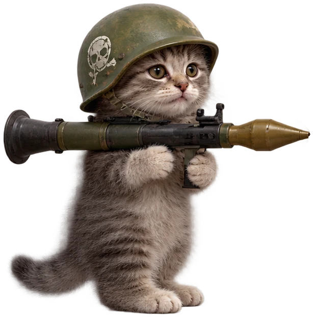 Rocket Cat: grey kitten in an army helmet holding a rocket launcher