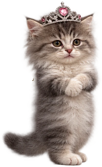 The tiara cat: fluffy grey and white kitten wearing a silver tiara with a pink heart gem