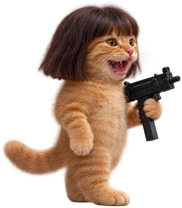 Lil Uzi Cat: orange kitten with a dark bob haircut holding a tiny machine pistol