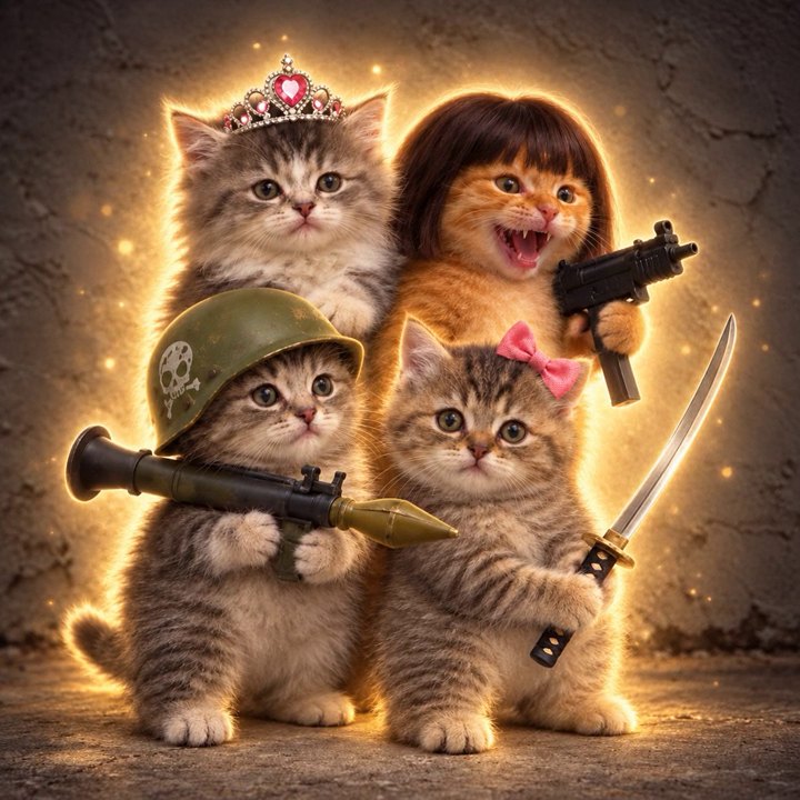 The four cats posed together in a warm glow: tiara cat and Lil Uzi Cat at the back, Rocket Cat and Catana in front
